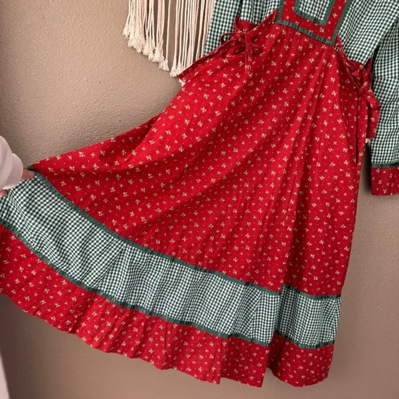 Vintage Gunne Sax Prairie dress Red Green Gingham Floral - Picture 8 of 13